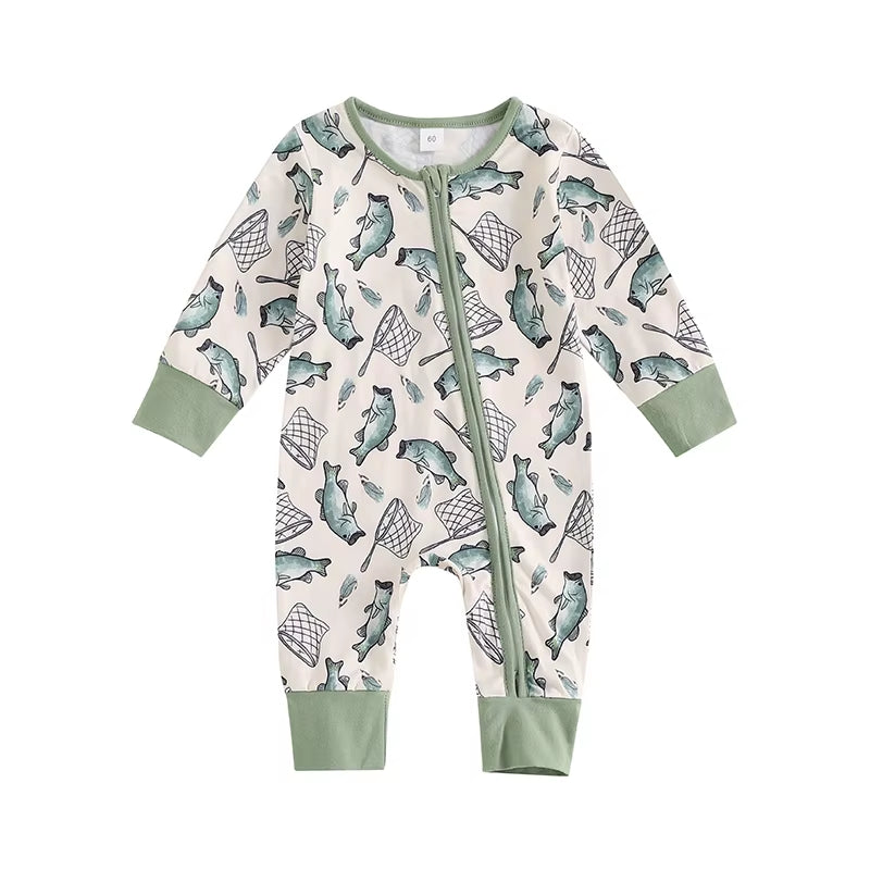 2024-05-31 Baby Boys Autumn Casual Romper Long Sleeve Crew Neck Fish Print Oblique Zipper Jumpsuit