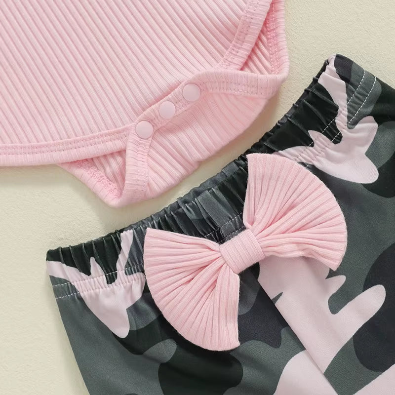 2024-05-27 Baby Girl 3 Piece Fall Outfit, Long Sleeve Ribbed Solid Color Romper Camouflage Flared Pants Headband