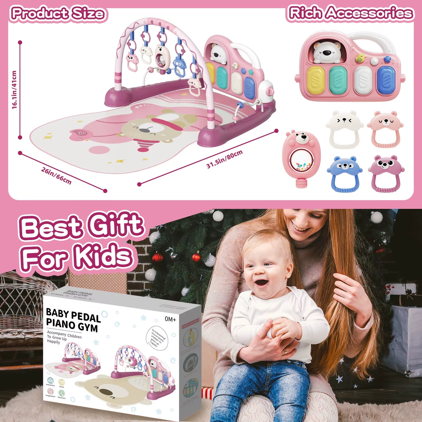 6-In-1 Baby Play Mat Gym 0-12 Months Pink – Kick Piano, Music, Lights, 5 Removable Toys+Bear Rattle – Tummy Time, Motor & Brain