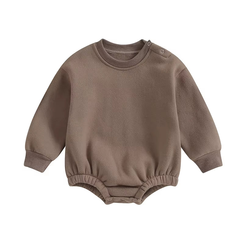 2023-09-19 0-18M Newborn Baby Boy Girl Outfits Fleece Solid Color Bubble Bodysuit Sweatshirt Long Sleeve Warm Clothes