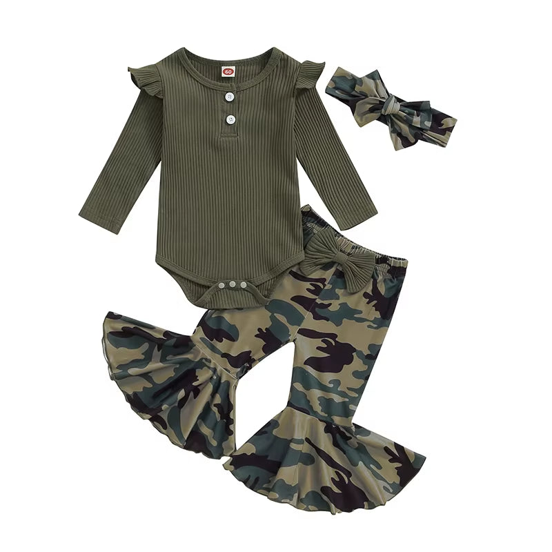 2024-05-27 Baby Girl 3 Piece Fall Outfit, Long Sleeve Ribbed Solid Color Romper Camouflage Flared Pants Headband