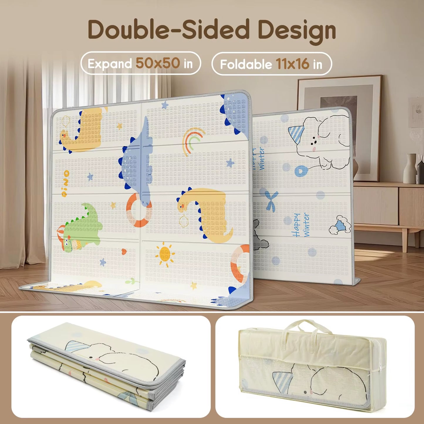 Foldable Baby Play Mat, PIGLOG Waterproof Playmats for Babies and Toddlers Kids, Safe Foam Playmat for Tummy Time, 50X50 Playpen