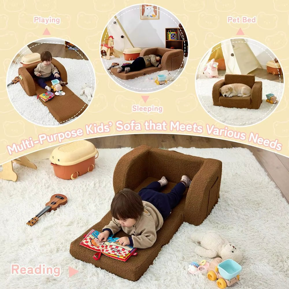 Convertible Toddler Couch for Boys & Girls, 2-In-1 Lounger, Suitable for Ages 1-3, Brown