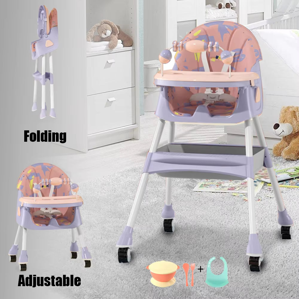 Foldable Baby High Chair 4-In-1 Foldable Reclining Feeding Table Chair Seat 7 Heights with Toyrack Easy to Clean Feeding