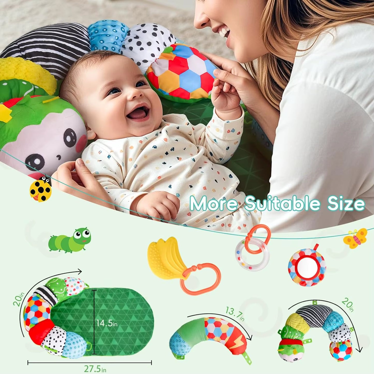 Extra Long 3-In-1 Baby Tummy Time Pillow & Playmat for Newborns 0-12 Months, Soft Support Toy with Sensory Features