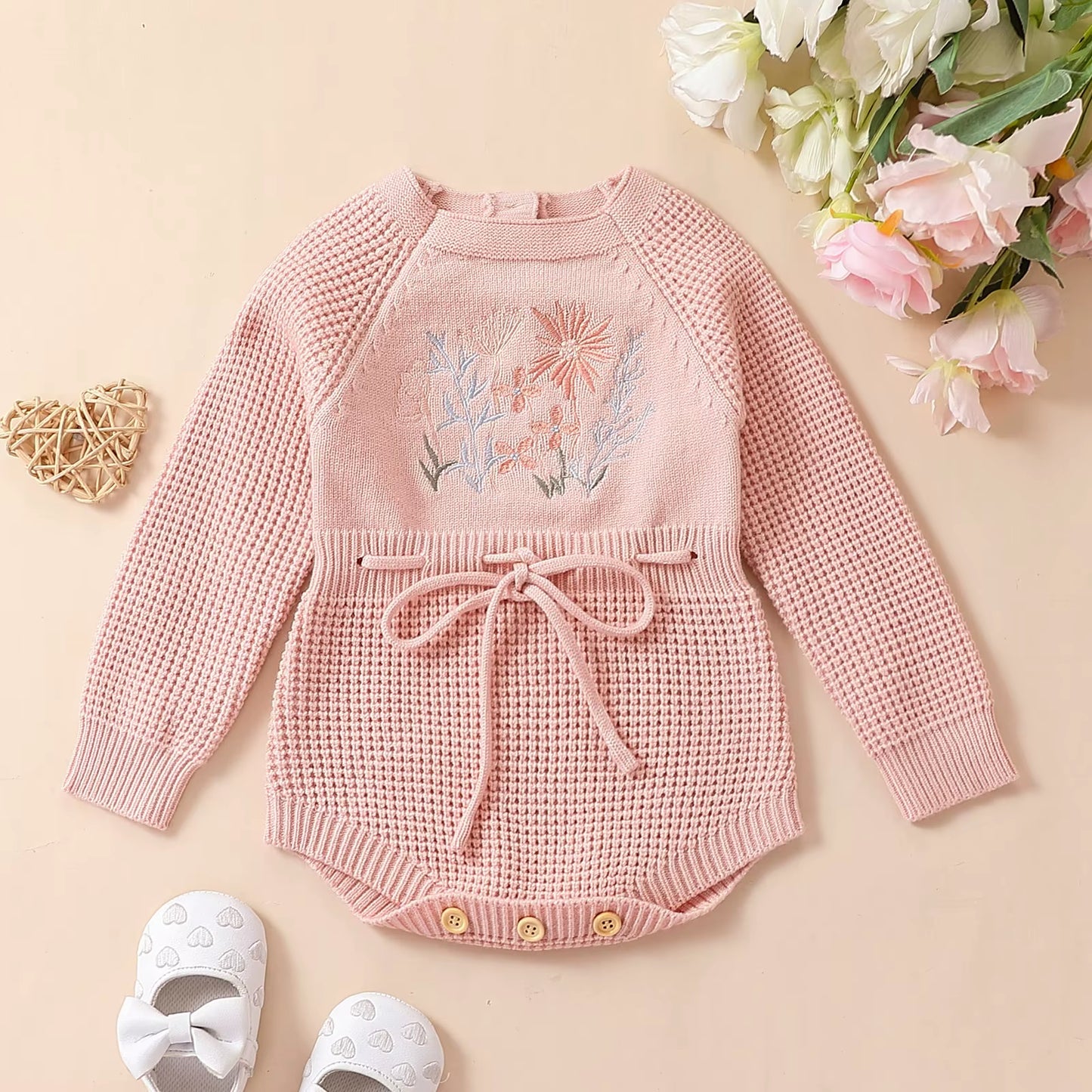 Infant Baby Girl Knit Jumpsuit Flower Embroidery Long Sleeve Drawstring Waist Romper for Autumn 0-24M