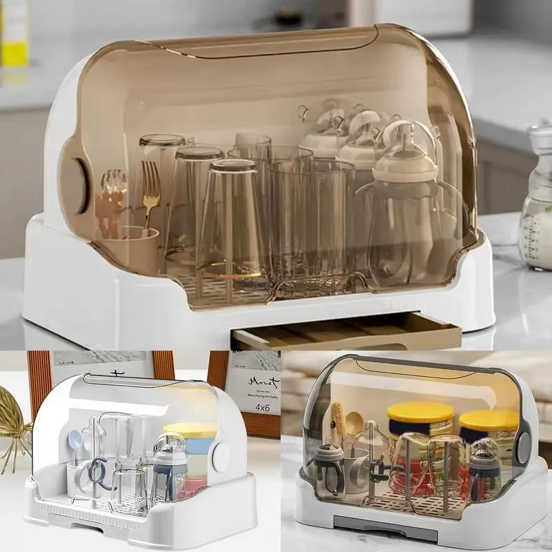 Portable Baby Bottle Drying Rack & Organizer - Dustproof Storage Container with Removable Drip Tray, Hygienic Feeding Accessorie