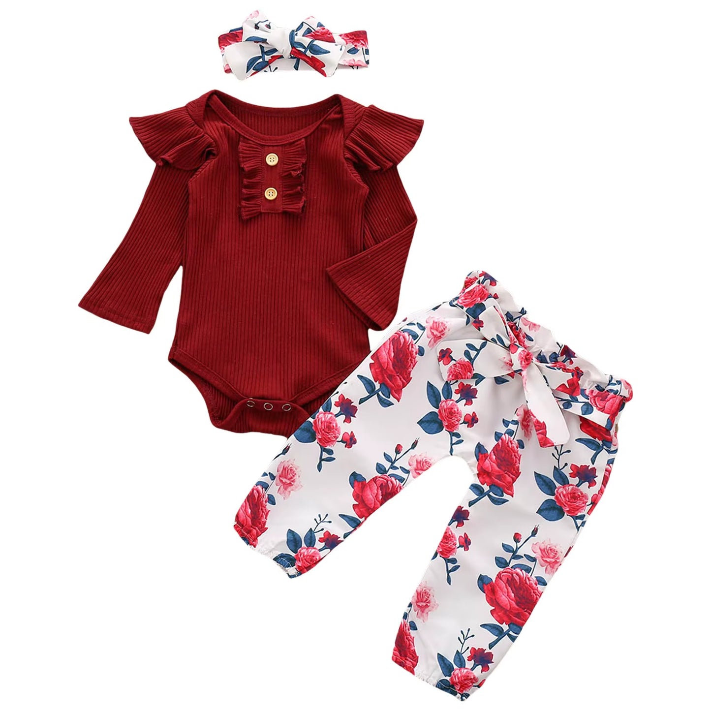 Baby Wrap for Girls Newborn Infant Baby Girls Solid Ruffle Ribbed Romper+ Floral Pants Outfits Set New Born Outfits