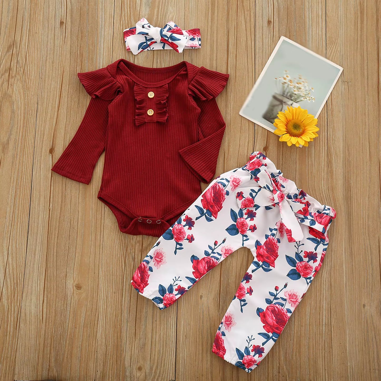 Baby Wrap for Girls Newborn Infant Baby Girls Solid Ruffle Ribbed Romper+ Floral Pants Outfits Set New Born Outfits