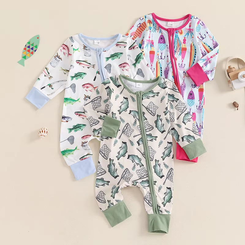 2024-05-31  Baby Boys Autumn Casual Romper Long Sleeve Crew Neck Fish Print Oblique Zipper Jumpsuit