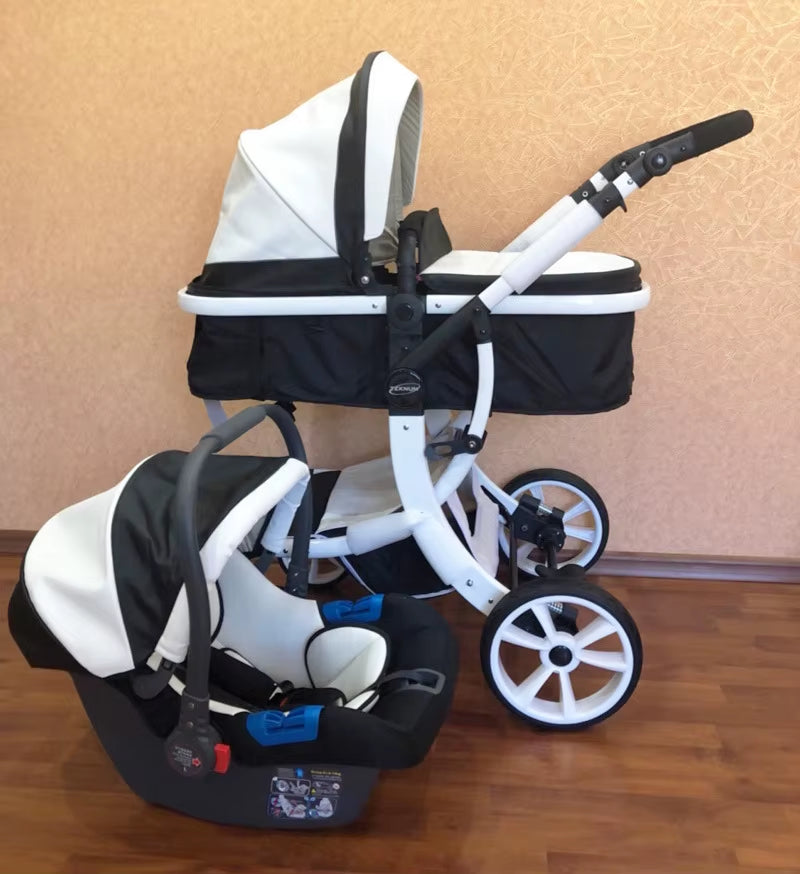 Leather 2 in 1 Baby Stroller,Two Way Stroller,Car Seat Newborn Bassinet,Travel White Folding Baby Stroller,Baby Carriage Pram