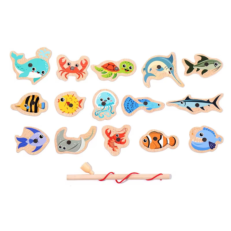 Magnetic Fishing Toys Game Set for Kids Montessori Wooden Cartoon Fishing Rod Educational Toys Birthday Party Toddle Gifts