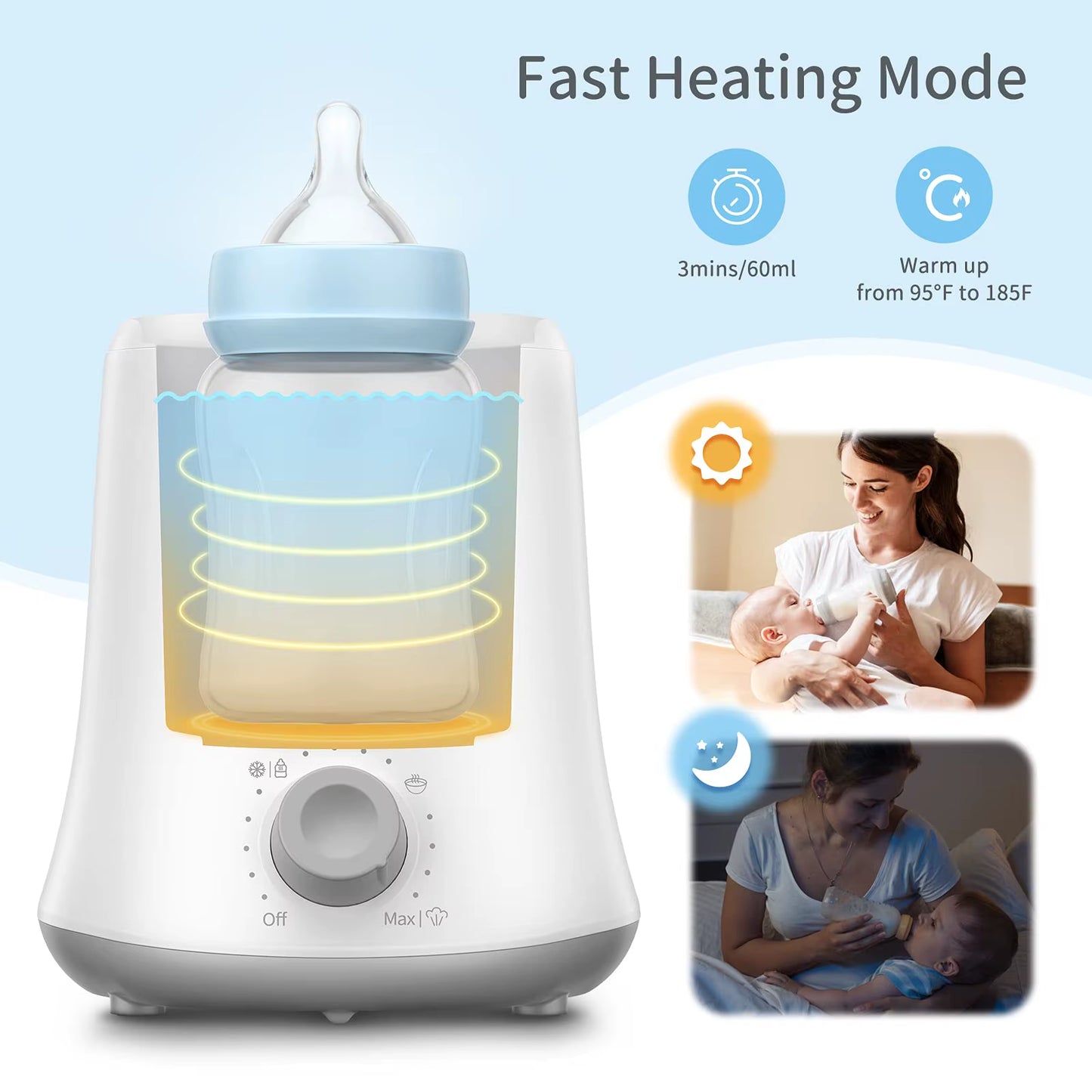 Kisdream Milk Warmer Multifunctional Baby Bottle Warmer Fast Heat Auto Shut off Food-Grade PP Stainless Steel Materials US Plug