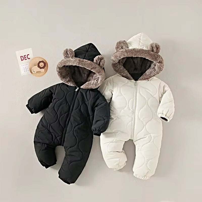 Baby Onesies Autumn and Winter Fleece Warm Cotton Clothes Newborn Clothes Baby Solid Color Hooded Crawling Suit Baby Jumpsuit