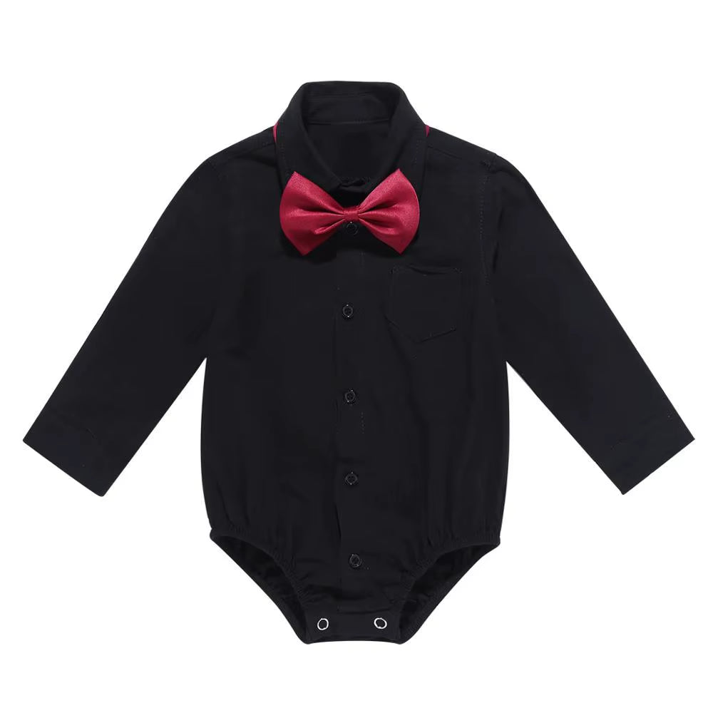 Toddler Infant Baby Boys 1ST Formal Gentleman Shirt Romper Jumpsuit with Black Bow Tie for 3-24 Months Babies Newborn Clothes