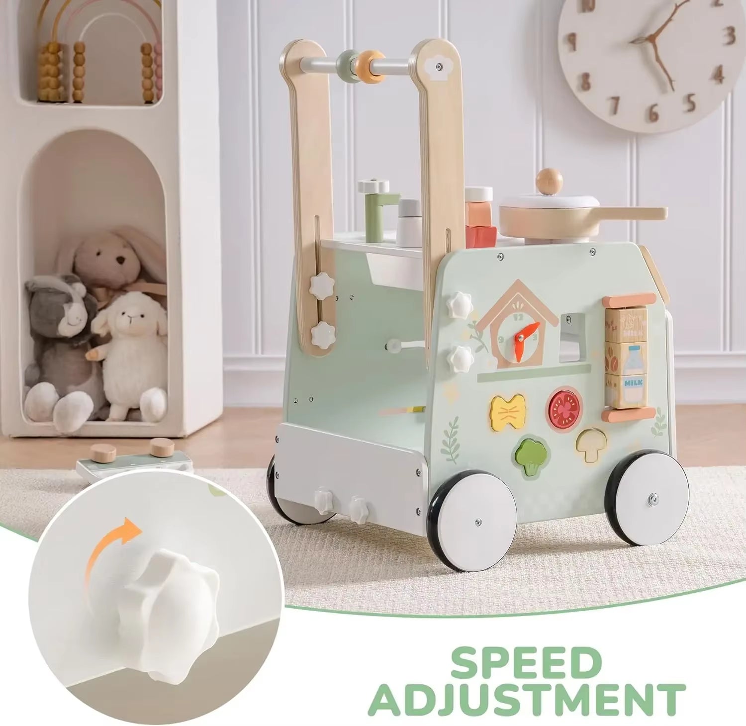 Adjustable Height Speed Wooden Baby Walker Push Toy to Prevent O-Shaped Legs Montessori Baby Walking Toy for Girls Boys