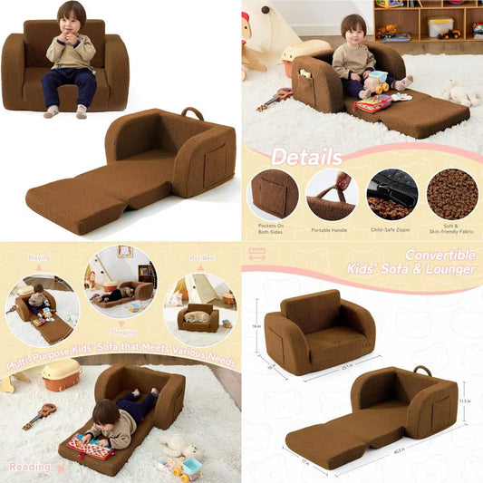 Convertible Toddler Couch for Boys & Girls, 2-In-1 Lounger, Suitable for Ages 1-3, Brown