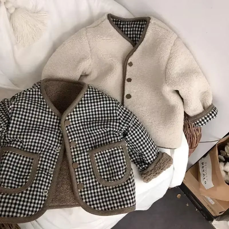 Autumn and Winter New Warm Jacket Children Two Sides Wear Plaid Plush Jacket Kids Jackets