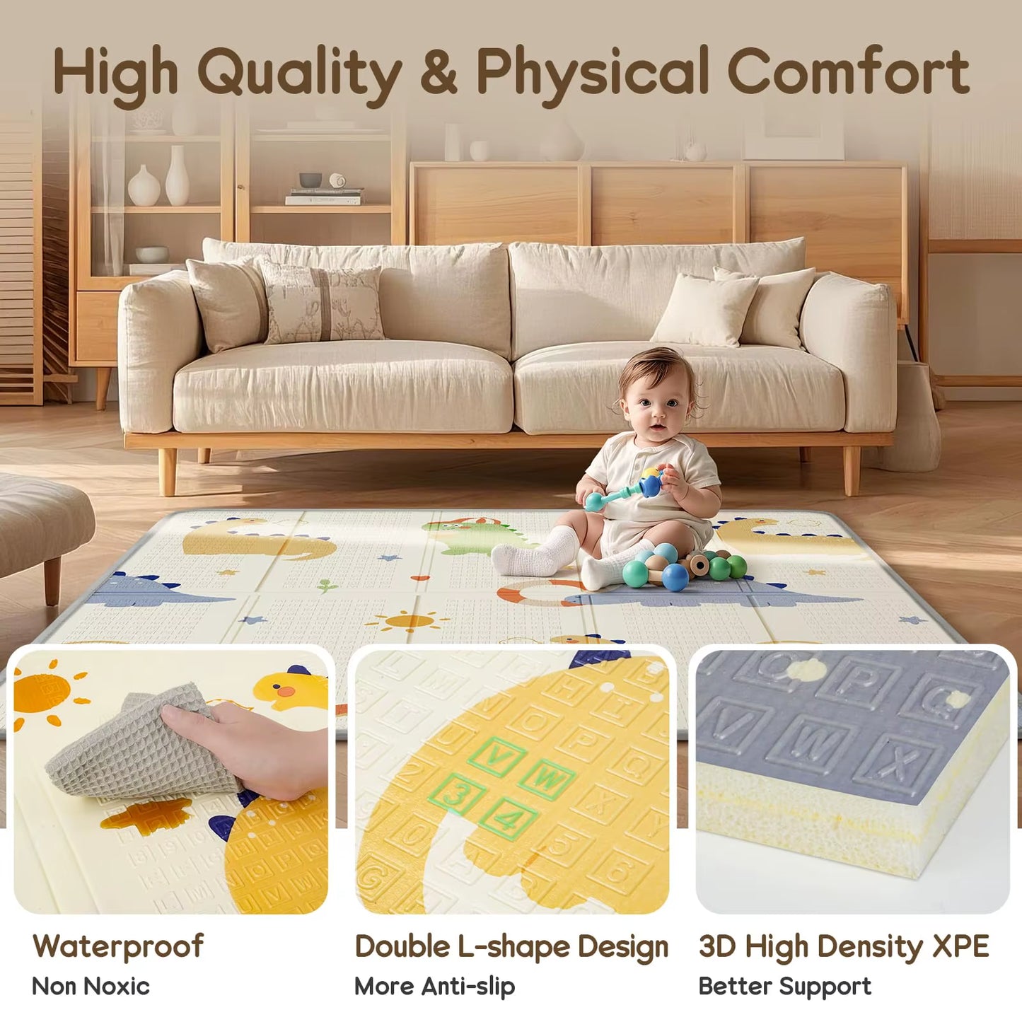 Foldable Baby Play Mat, PIGLOG Waterproof Playmats for Babies and Toddlers Kids, Safe Foam Playmat for Tummy Time, 50X50 Playpen