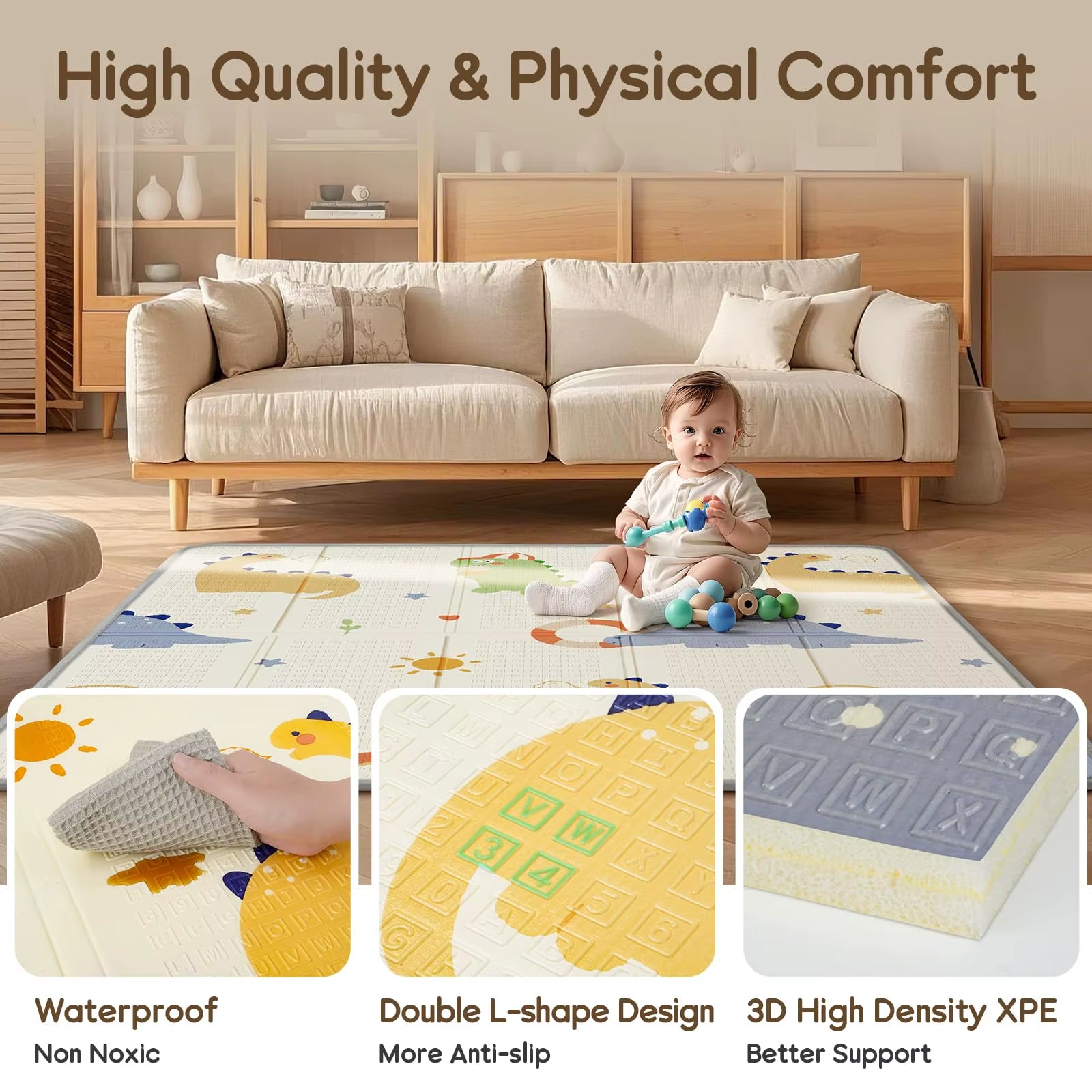 Foldable Baby Play Mat, PIGLOG Waterproof Playmats for Babies and Toddlers Kids, Safe Foam Playmat for Tummy Time, 50X50 Playpen