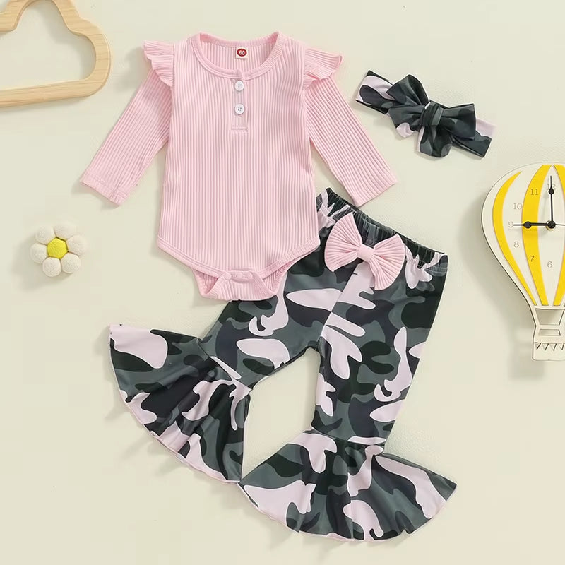 2024-05-27  Baby Girl 3 Piece Fall Outfit, Long Sleeve Ribbed Solid Color Romper Camouflage Flared Pants Headband