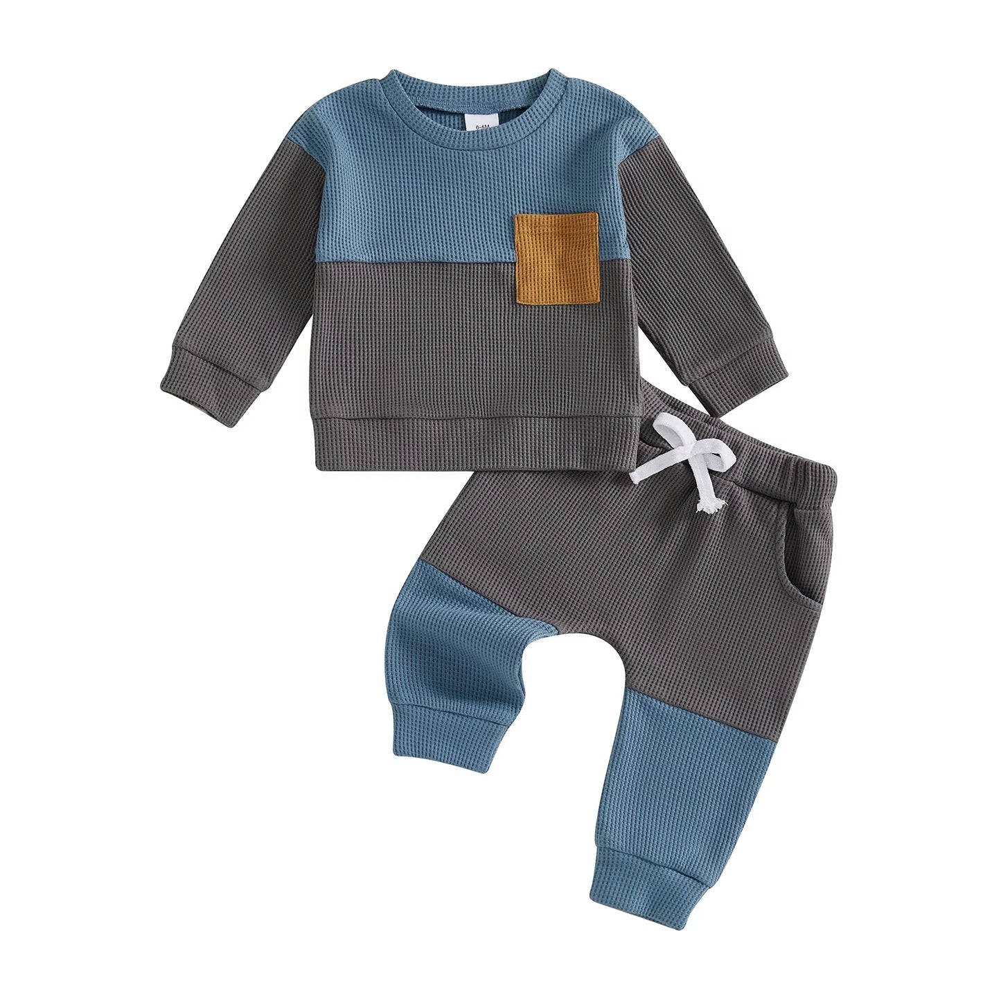 Stylish Baby Boy 2 Piece Set with Long Sleeve round Neck Waffle Tops and Elastic Waist Pants in Trendy Contrast Colors