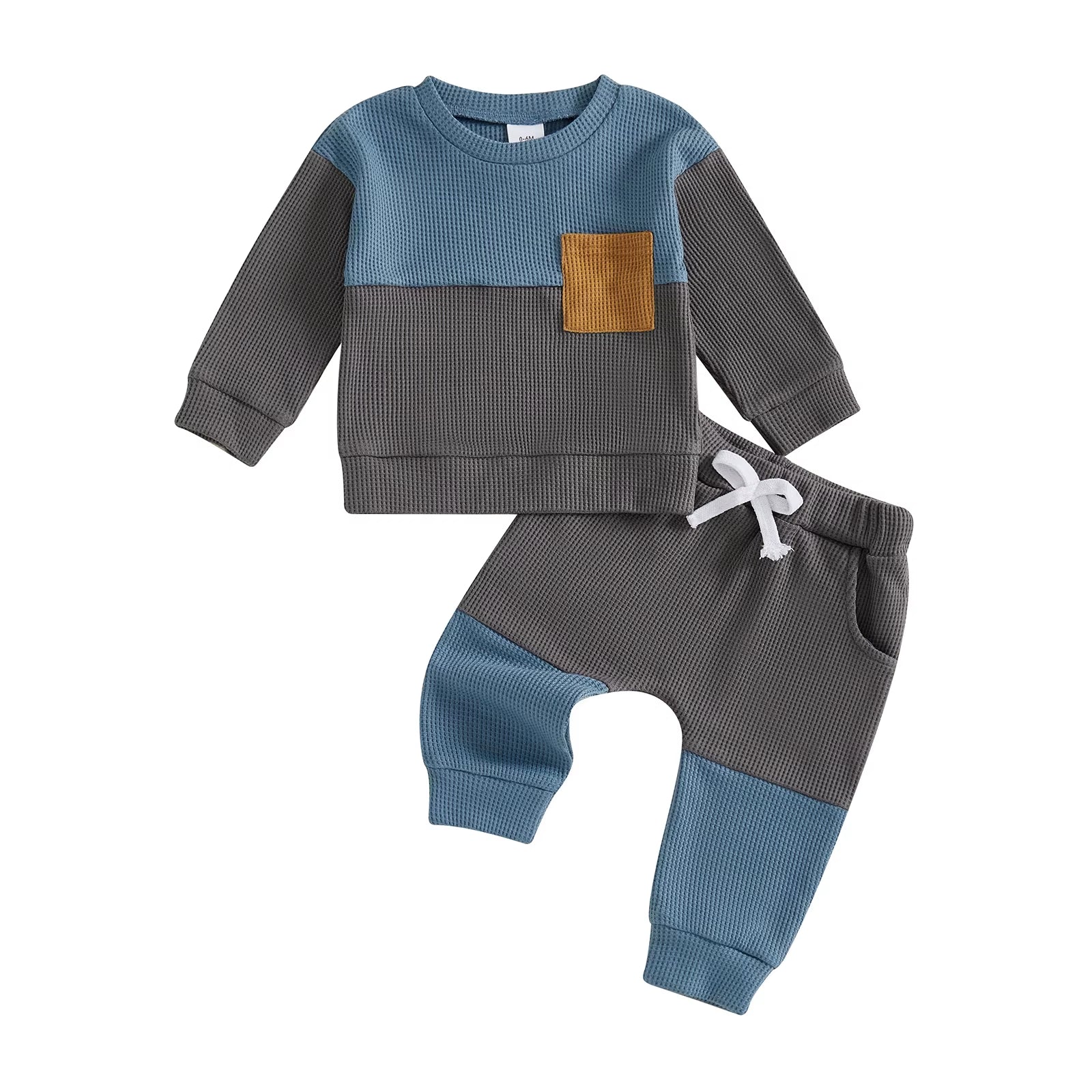Stylish Baby Boy 2 Piece Set with Long Sleeve round Neck Waffle Tops and Elastic Waist Pants in Trendy Contrast Colors