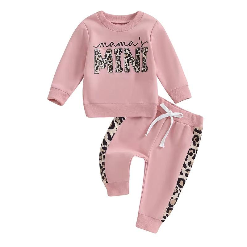 2023-09-15  0-3Y Newborn Baby Girls Clothing Set Letter & Leopard Print Long Sleeve Pullover Strap Pants 2 Pcs Outfit