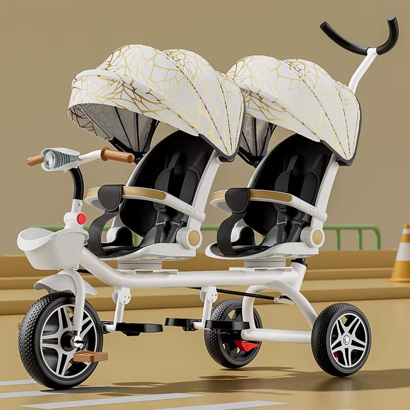 Multifunctional Twin Children'S Tricycle Foldable Baby Bicycle Two-Way Twin Baby Stroller Swivel Seat Double Stroller