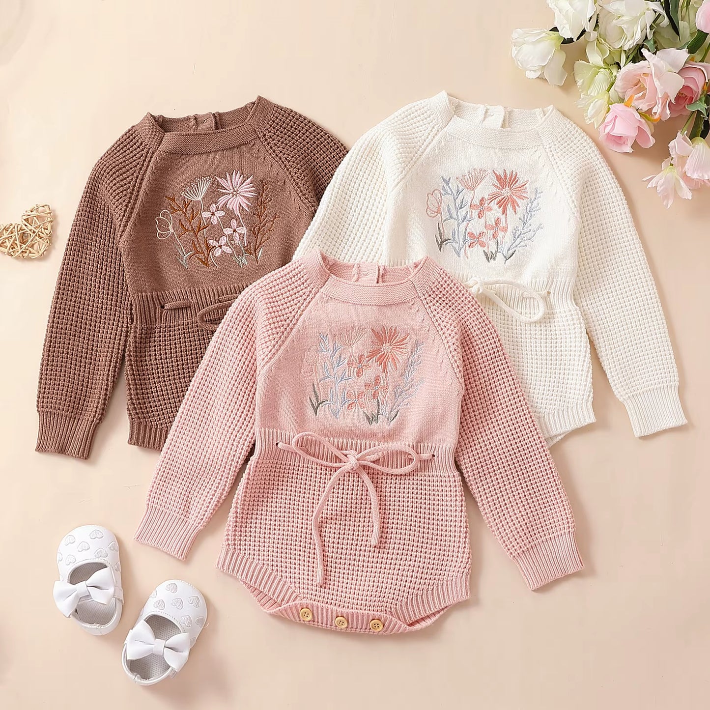 Infant Baby Girl Knit Jumpsuit Flower Embroidery Long Sleeve Drawstring Waist Romper for Autumn 0-24M