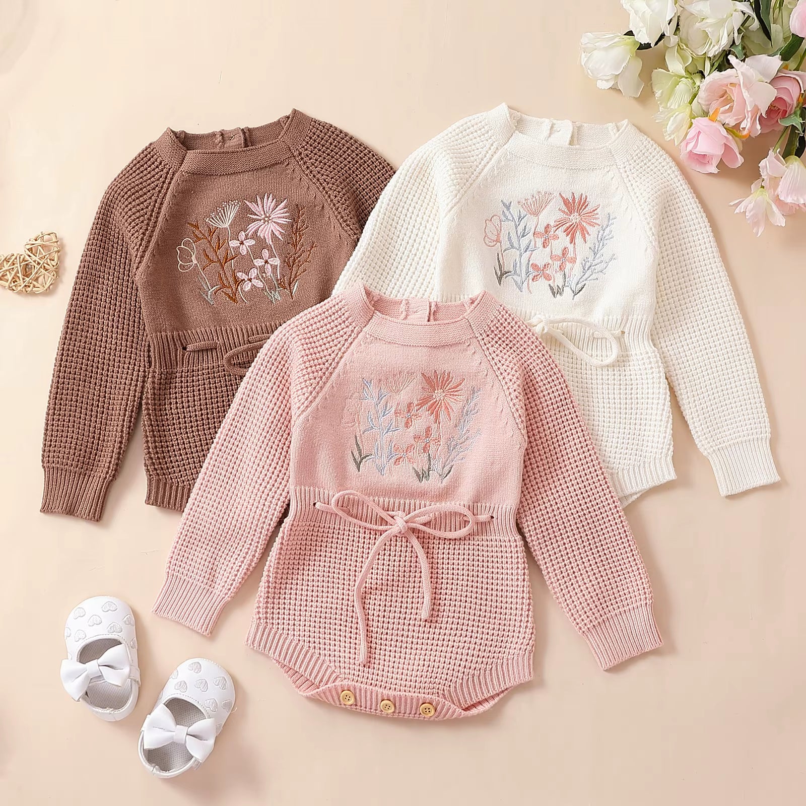 Infant Baby Girl Knit Jumpsuit Flower Embroidery Long Sleeve Drawstring Waist Romper for Autumn 0-24M