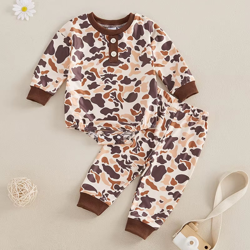 Infant Boys Fall Outfits Camouflage Letter Pattern Long Sleeve Crew Neck Rompers with Elastic Waist Pants 2 Pcs Set