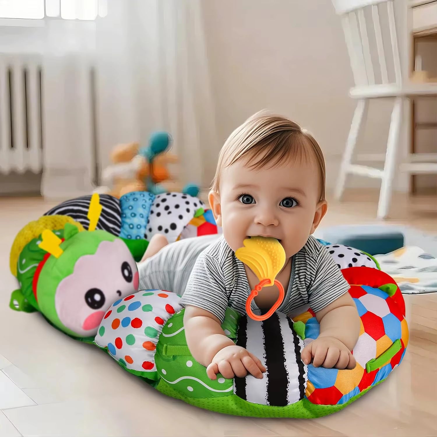 Extra Long 3-In-1 Baby Tummy Time Pillow & Playmat for Newborns 0-12 Months, Soft Support Toy with Sensory Features