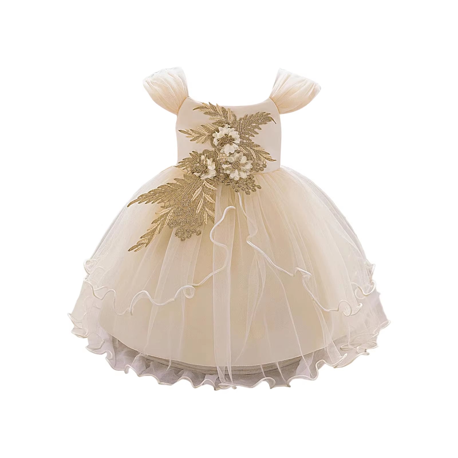 Elegant Toddler Girl S Party Dress with 3D Floral Embellishments and Cap Sleeves Perfect for Wedding or Birthday Celebration