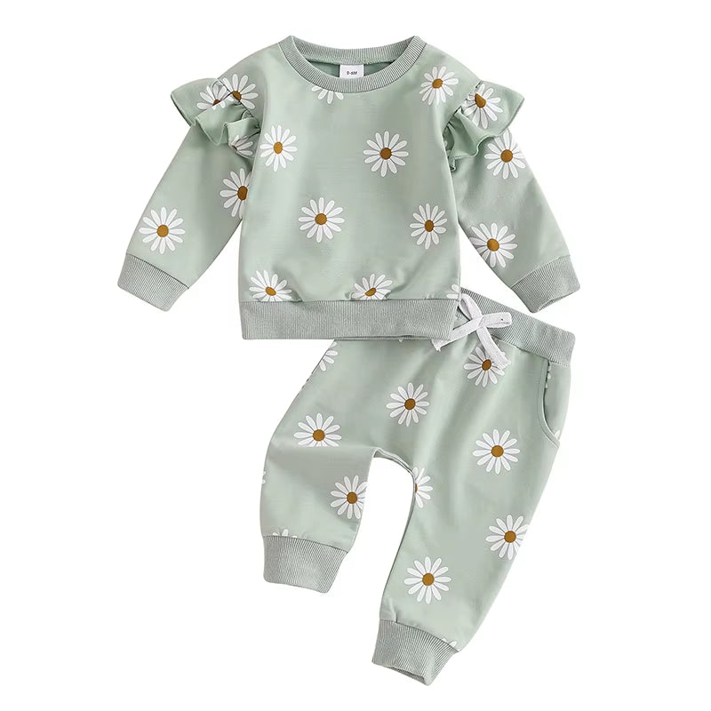 2024-05-24  Toddler Girl Fall Outfit Daisy Print Long Sleeve Sweatshirt with Elastic Waist Pants 2 Pcs Set
