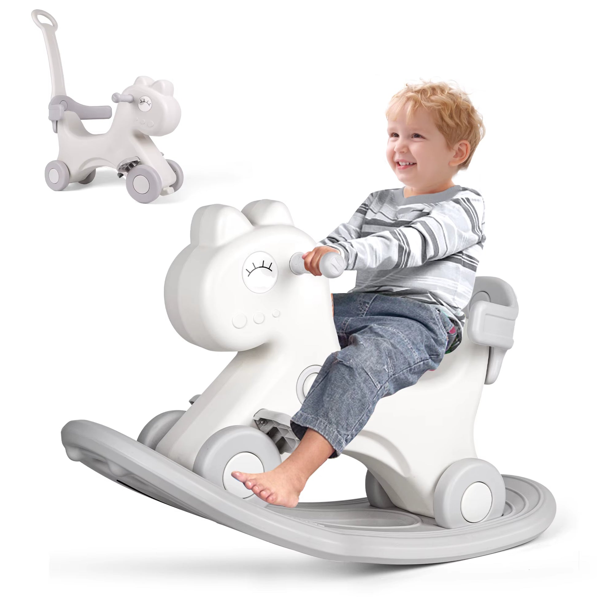 Rocking Horse, Child Safety Push Handle Rocker for Toddlers 1/2/3 Years Old Kids Ride-On Toy Birthday Gift Girl&Boy Swinging Toy