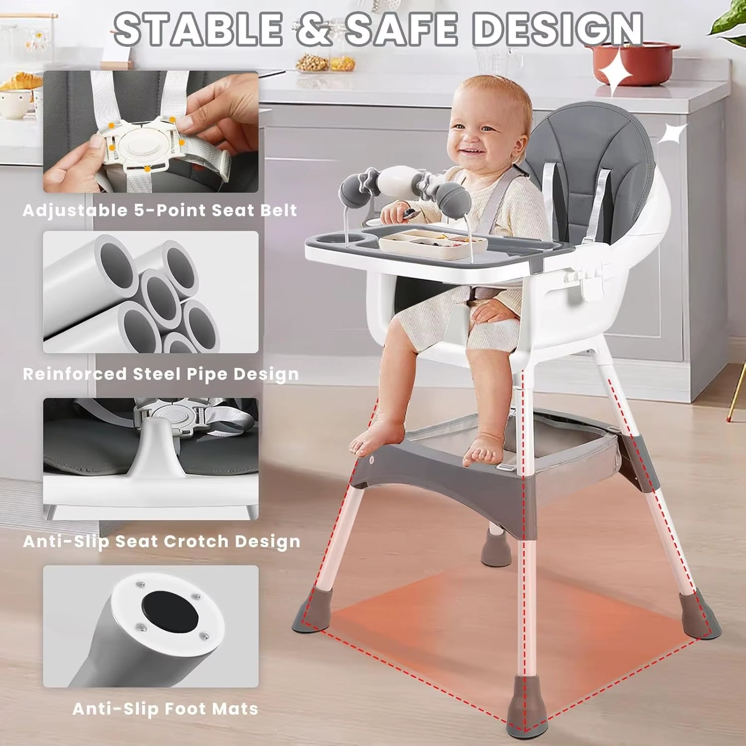 Convertible Foldable High Chair – Easy to Clean, Padded Seat with Footrest, Tray & Cup Holder (6 Months-3 Years, 15Kg Max)