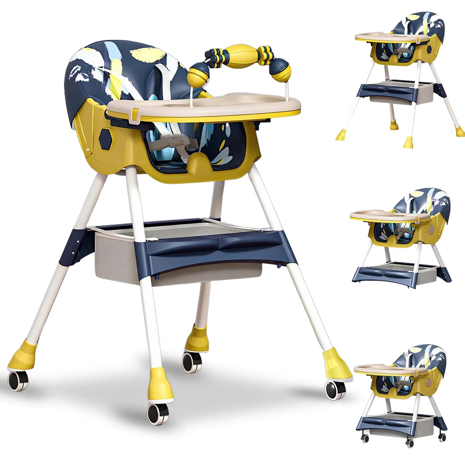 Foldable Baby High Chair 4-In-1 Foldable Reclining Feeding Table Chair Seat 7 Heights with Toyrack Easy to Clean Feeding