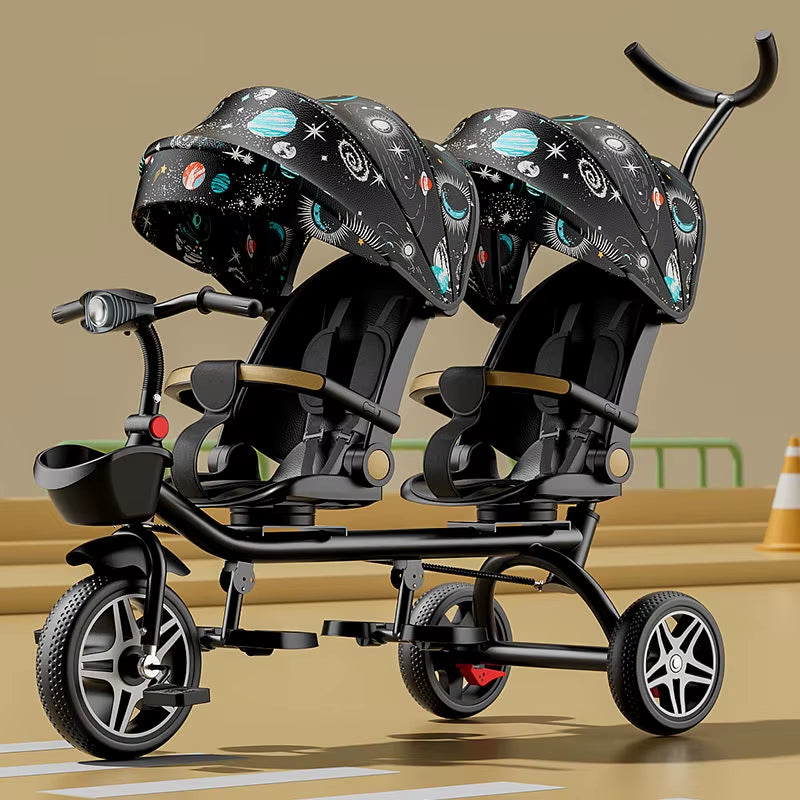 Multifunctional Twin Children'S Tricycle Foldable Baby Bicycle Two-Way Twin Baby Stroller Swivel Seat Double Stroller