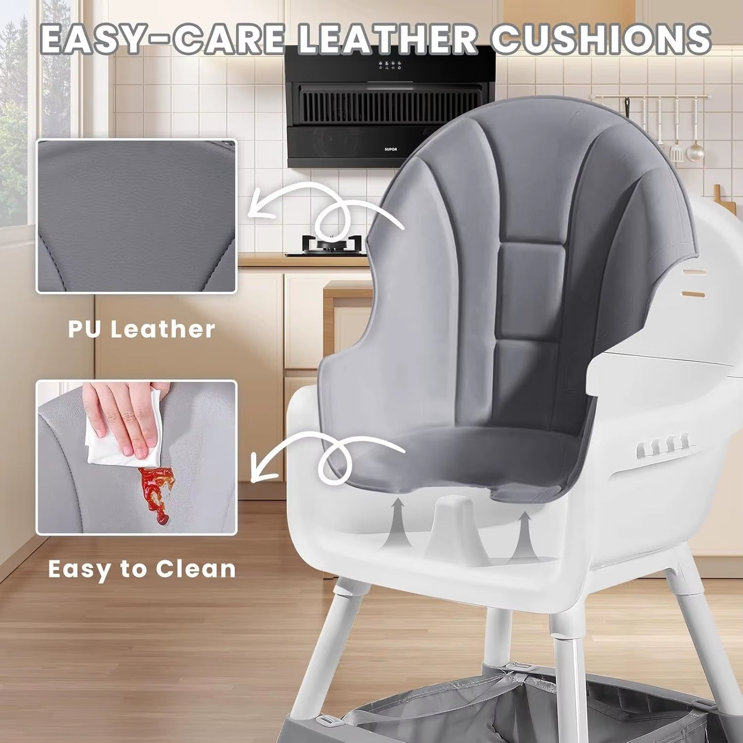 Convertible Foldable High Chair – Easy to Clean, Padded Seat with Footrest, Tray & Cup Holder (6 Months-3 Years, 15Kg Max)