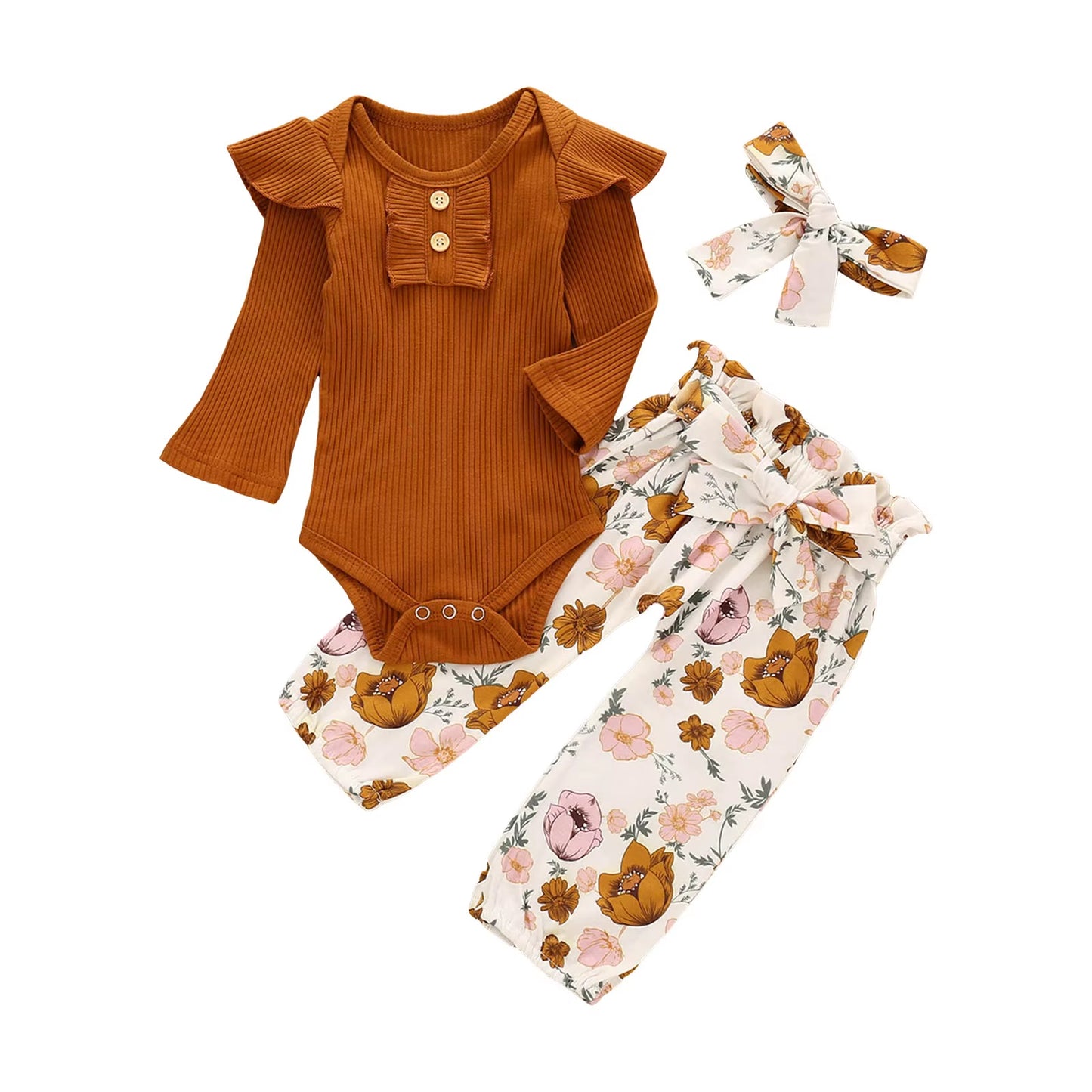 Baby Wrap for Girls Newborn Infant Baby Girls Solid Ruffle Ribbed Romper+ Floral Pants Outfits Set New Born Outfits