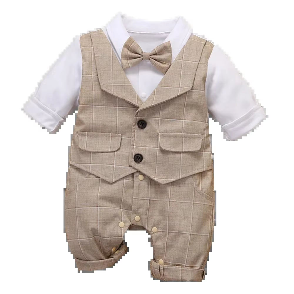 3-24M Baby Boy Formal Outfit Cotton Plaid Vest Romper Infant Toddler Birthday Party Anniversary Clothes