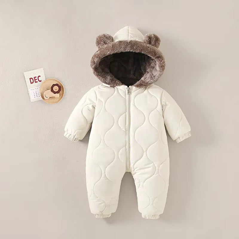 Baby Onesies Autumn and Winter Fleece Warm Cotton Clothes Newborn Clothes Baby Solid Color Hooded Crawling Suit Baby Jumpsuit