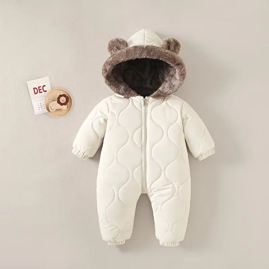 Baby Onesies Autumn and Winter Fleece Warm Cotton Clothes Newborn Clothes Baby Solid Color Hooded Crawling Suit Baby Jumpsuit