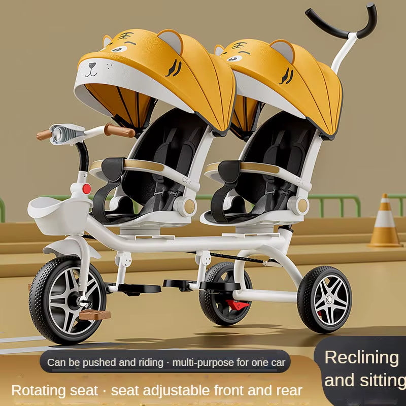 Multifunctional Twin Children'S Tricycle Foldable Baby Bicycle Two-Way Twin Baby Stroller Swivel Seat Double Stroller