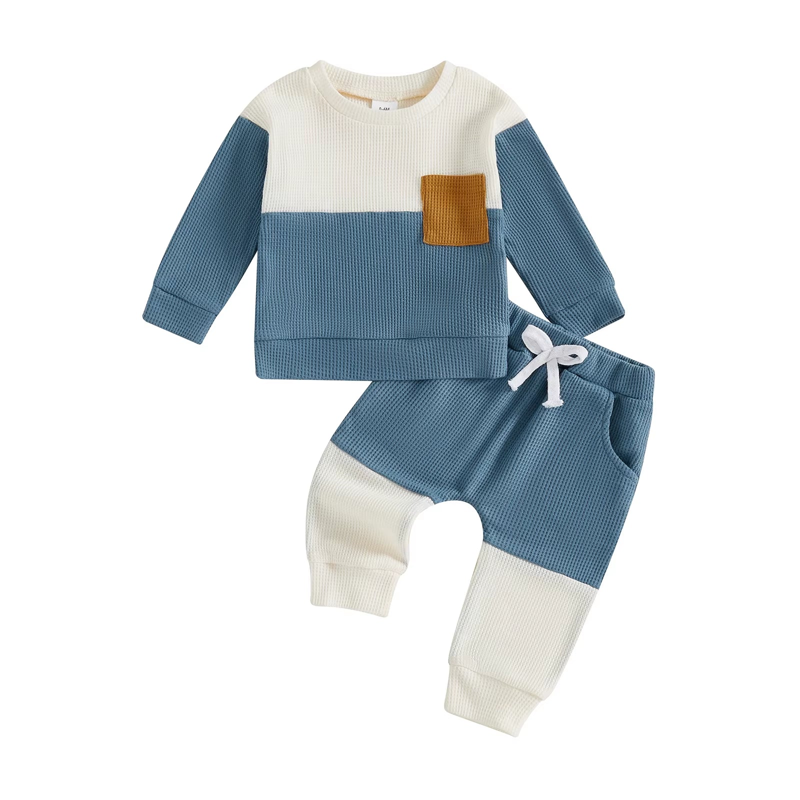 Stylish Baby Boy 2 Piece Set with Long Sleeve round Neck Waffle Tops and Elastic Waist Pants in Trendy Contrast Colors