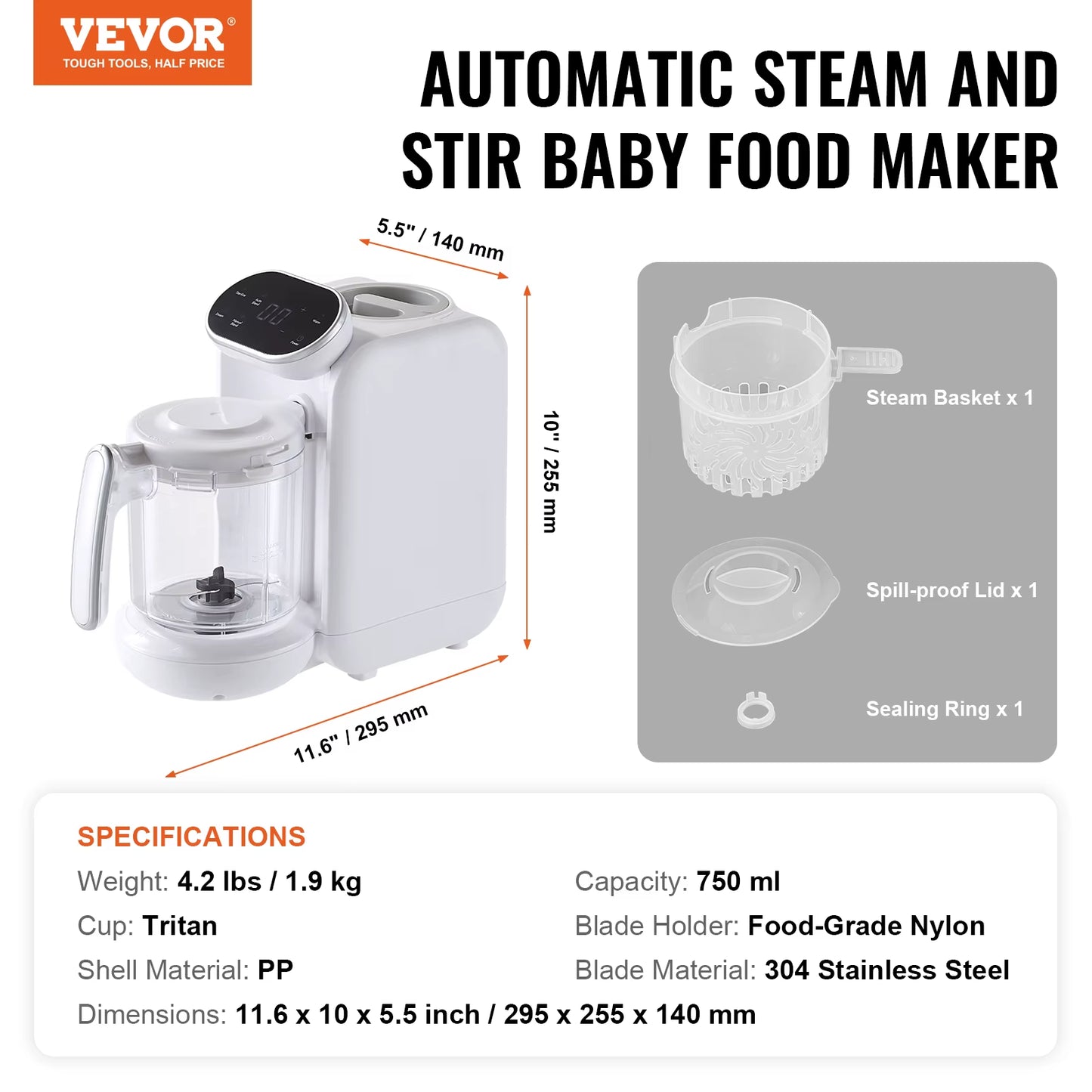 Succebuy Baby Food Maker 430W with 750 Ml Tritan Bowl SUS304 5 in 1 Blender Steamer Grinder for Food Fruit Vegetable Meat
