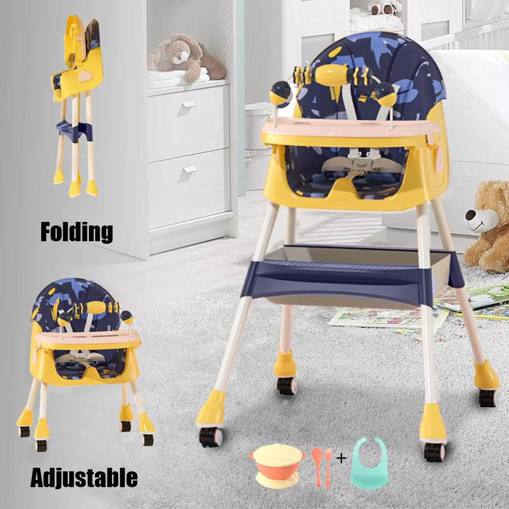 Foldable Baby High Chair 4-In-1 Foldable Reclining Feeding Table Chair Seat 7 Heights with Toyrack Easy to Clean Feeding