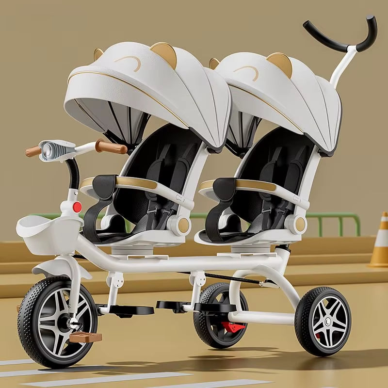 Multifunctional Twin Children'S Tricycle Foldable Baby Bicycle Two-Way Twin Baby Stroller Swivel Seat Double Stroller