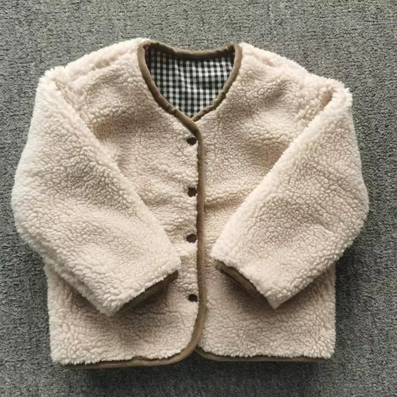 Autumn and Winter New Warm Jacket Children Two Sides Wear Plaid Plush Jacket Kids Jackets